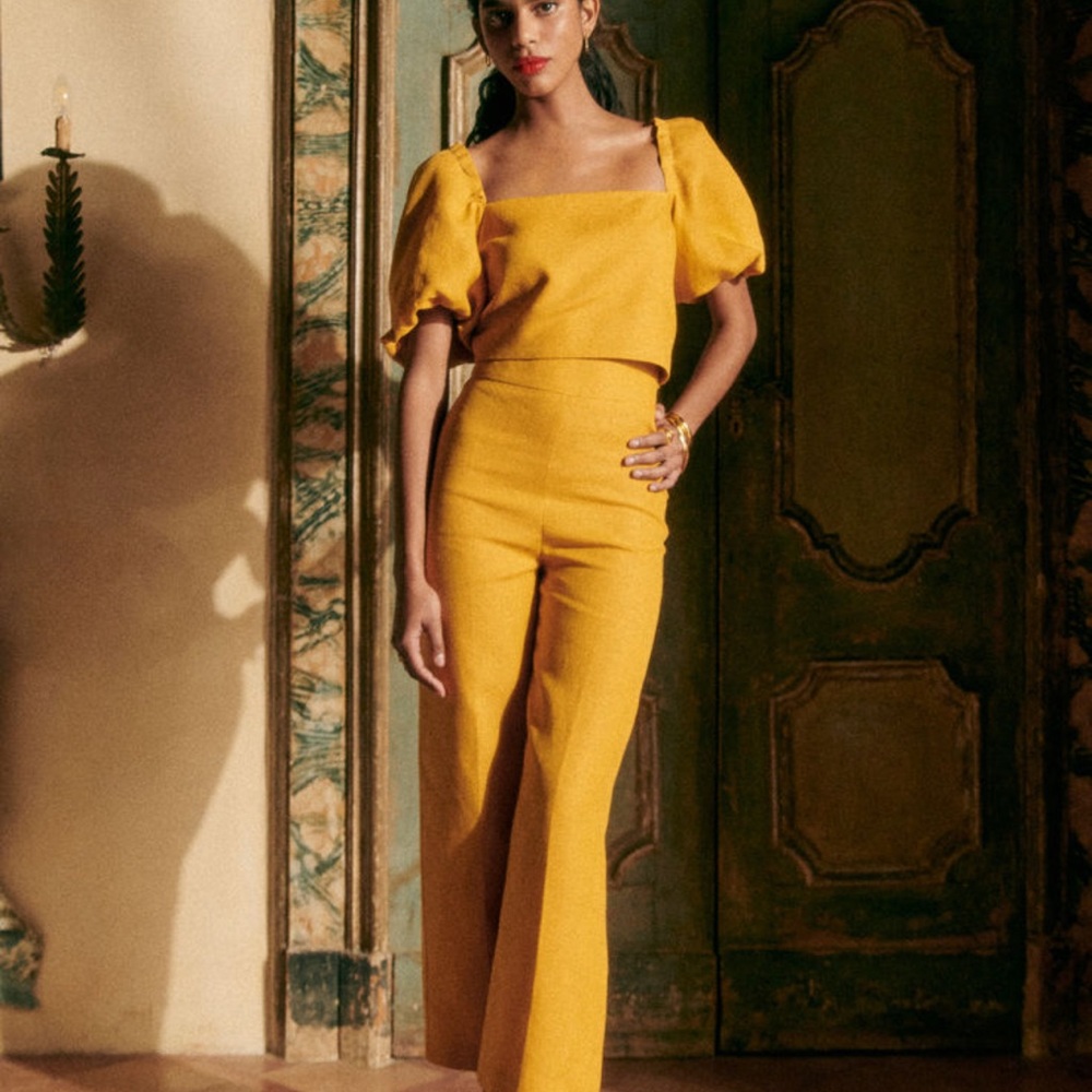 Sézane Lucrecia Blouse in Ochre Gold Mustard Tie Back Puff Sleeve